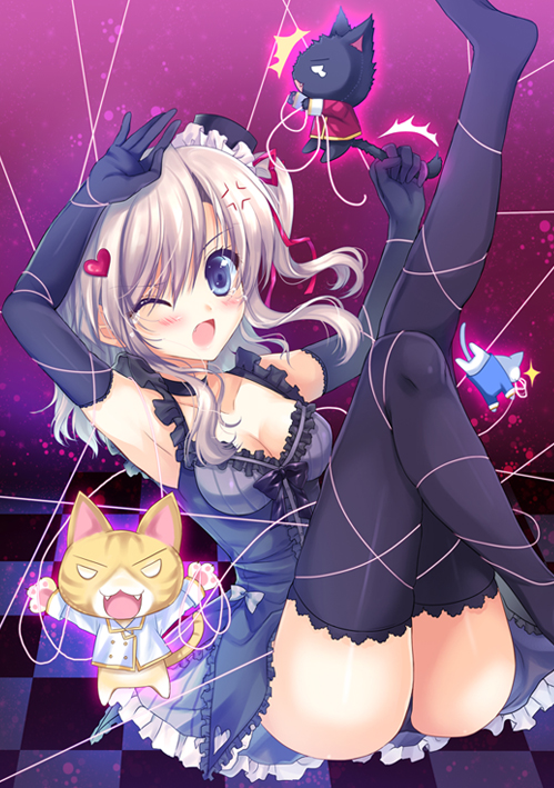 anger_vein arm_up armpits ass black_legwear blonde_hair blue_eyes blush cat dress elbow_gloves entangled gloves heart legs_up open_mouth original panties ratise sitting solo string sword_girls tangle tears thigh-highs thighhighs underwear wink