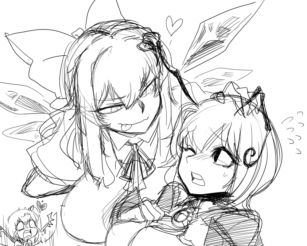 3girls adult antennae blush bow breasts cirno daiyousei hair_bow huge_breasts ice ice_wings large_breasts lip_licking long_hair monochrome multiple_girls sketch space_jin touhou wings wriggle_nightbug you_gonna_get_raped