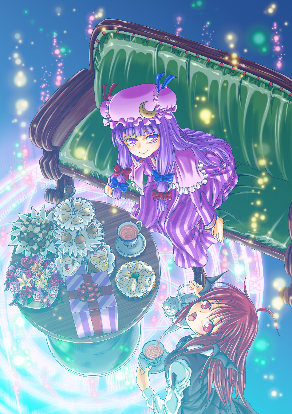 bat_wings bow cake cookie couch crescent cup dress flower food from_above gift hair_bow hair_ribbon hat head_wings highres koakuma long_hair looking_up magic_circle multiple_girls open_mouth patchouli_knowledge purple_eyes purple_hair red_eyes red_hair redhead ribbon shiba_meiji sitting smile tea teacup the_embodiment_of_scarlet_devil touhou very_long_hair violet_eyes wings