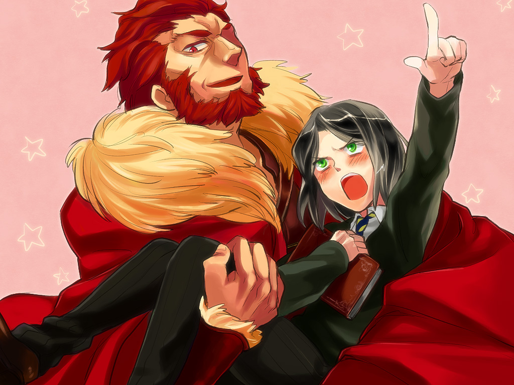armor beard blush bob_cut book cape carrying facial_hair fate/stay_night fate/zero fate_(series) green_eyes kebin male multiple_boys necktie pointing princess_carry red_eyes red_hair redhead rider_(fate/zero) waver_velvet
