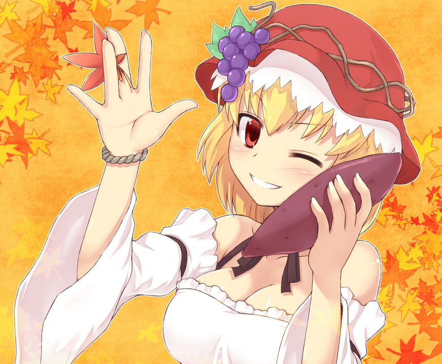 aki_minoriko alternate_costume bare_shoulders between_fingers blonde_hair blush bracelet breasts bust cleavage detached_sleeves food food_themed_clothes fruit grapes grin hat holding jewelry leaf leaf_background maple_leaf neck_ribbon red_eyes ribbon saemon saemon_(tonpura) short_hair smile solo sweet_potato teeth touhou waving wink