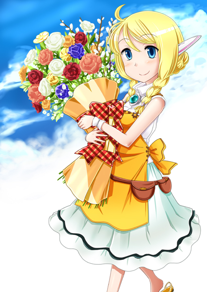 apron blonde_hair blue_eyes bouquet braid fanny_pack flower original robot_ears sky smile solo twin_braids urokozuki