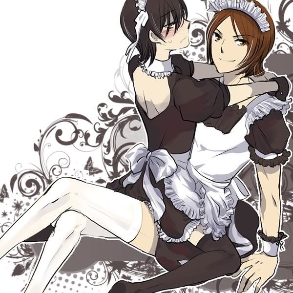 apron black_hair blush brown_hair crossdressinging kurosu_jun lap maid maid_headdress multiple_boys persona persona_2 smile suou_tatsuya trap