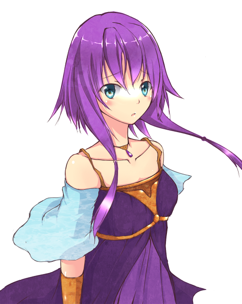 babydoll bare_shoulders blue_eyes blush body_blush choker collarbone detached_sleeves fire_emblem fire_emblem:_seima_no_kouseki flat_chest jewelry long_hair looking_at_viewer lute_(fire_emblem) miyazakit necklace open_mouth purple_hair simple_background solo twintails white_background wrist_cuffs