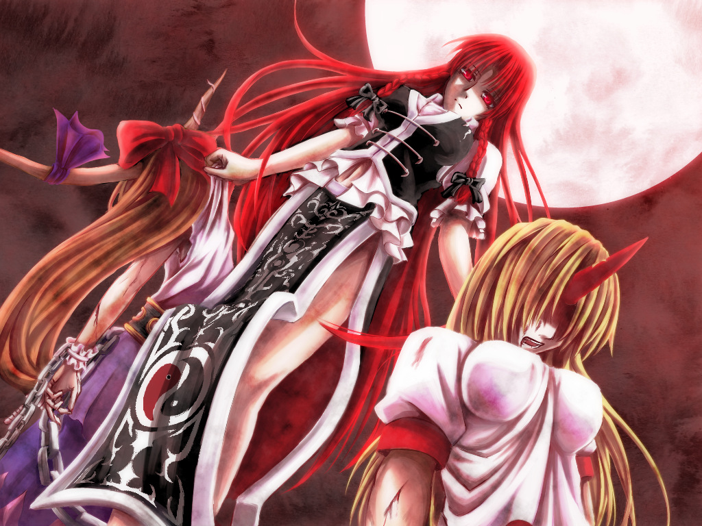 alternate_color blonde_hair blood blood_in_mouth bow braid breasts chain chains chinese_clothes cuts defeat erect_nipples ex-meiling from_below full_moon hair_bow hong_meiling horn horn_ribbon horns hoshiguma_yuugi ibuki_suika injury long_hair looking_at_viewer moon multiple_girls night no_eyes open_mouth orange_hair pandora_(angelfeather-heart) red_eyes red_hair ribbon shirt_grab side_slit touhou twin_braids very_long_hair wound wounded wrist_cuffs yin_yang