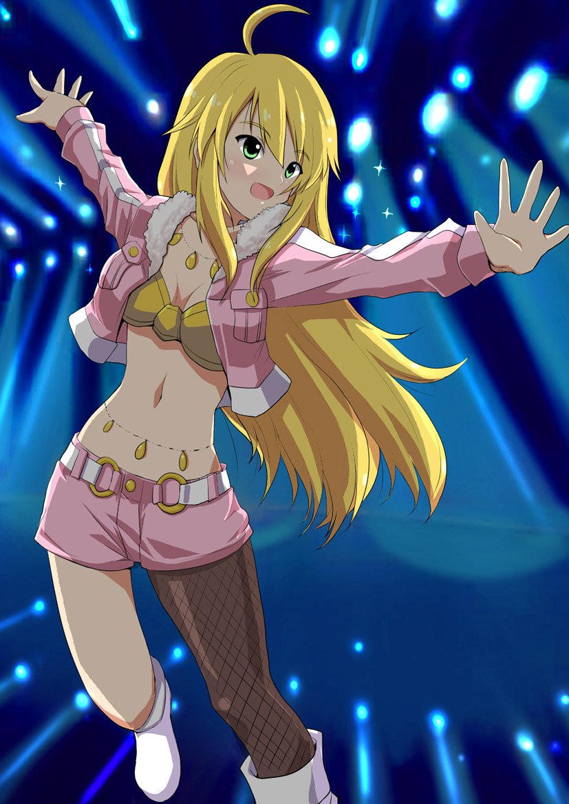 ahoge asymmetrical_clothes asymmetrical_clothing blonde_hair boots breasts cleavage cool_&amp;_sexy_(idolmaster) fishnet_pantyhose fishnets green_eyes hoshii_miki idolmaster itigeki10k jacket jewelry legwear_under_shorts long_hair midriff necklace outstretched_arms pantyhose shorts solo stage_lights