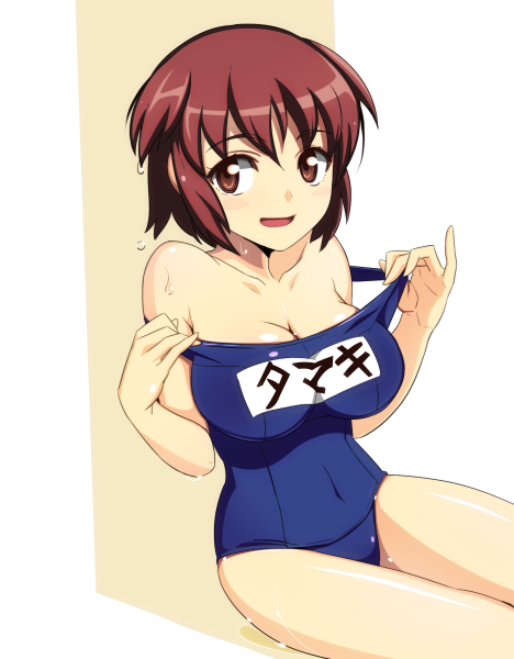 1girl blush breasts brown_eyes brown_hair caryo character_name clothed_navel collarbone ginga_kikoutai_majestic_prince irie_tamaki large_breasts majestic_prince nanashino open_mouth school_swimsuit short_hair solo swimsuit translated undressing wet