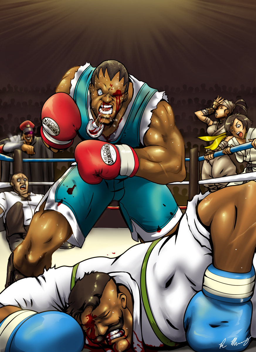 balrog beaten blood boxing boxing_gloves boxing_ring capcom dark_skin defeated dudley facepalm facial_hair highres ibuki injury m_bison makoto manly mouth_guard muscle mustache rajomu referee spanish street_fighter street_fighter_iii street_fighter_iii:_3rd_strike street_fighter_iv super_street_fighter_iv vega