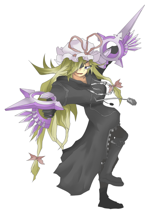 blonde_hair boots cloak eyepatch gloves gun hat kingdom_hearts purple_eyes solo touhou transparent_background violet_eyes weapon xigbar xigbar_(cosplay) yadokari yakumo_yukari