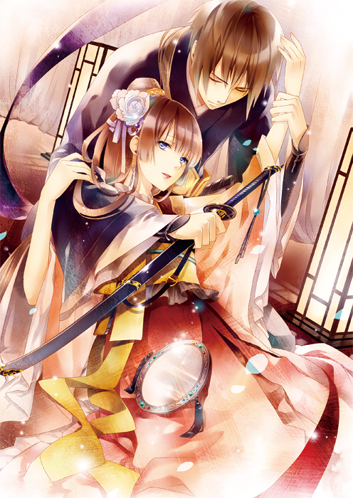 1boy 1girl artist_request blue_eyes brown_hair character_request closed_eyes copyright_request couple dress eyes_closed flower hair_bun hair_flower hair_ornament hug japanese_clothes katana kimono mirror rose short_hair smile source_request sword weapon white_rose