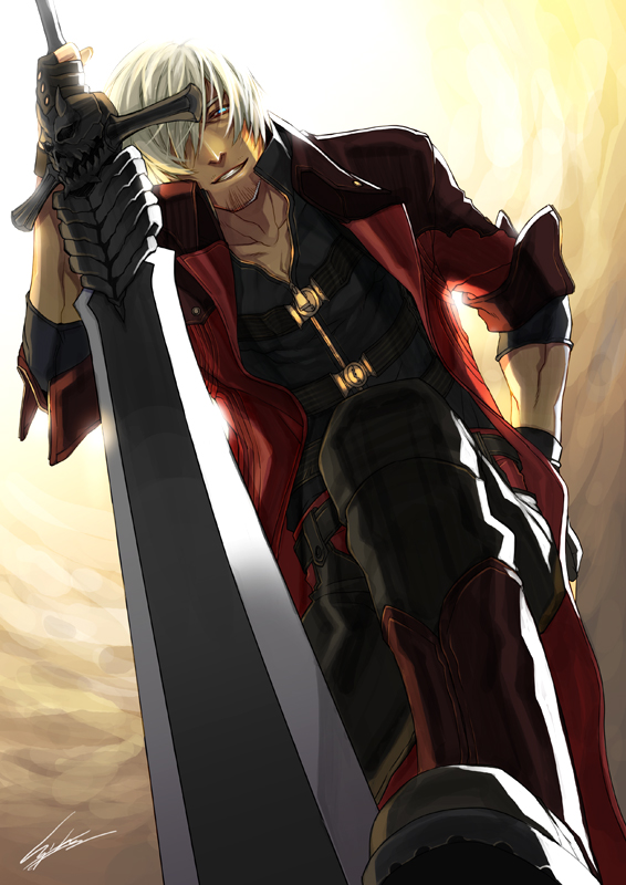 dante devil_may_cry devil_may_cry_4 fingerless_gloves gloves grin hiryuu jacket male smile sword weapon white_hair