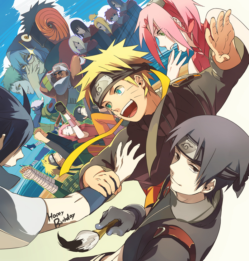 :d bandage birthday black_eyes black_hair blonde_hair blue_eyes dancing dark_skin deidara dual_persona facial_mark forehead_protector glasses green_eyes grin happy_birthday haruno_sakura hatake_kakashi kakuzu killer_bee konohagakure_symbol mask naruto naruto_shippuuden oba-min open_mouth pain_(naruto) paintbrush pink_hair red_eyes red_hair rock_lee sai sasori short_hair silver_hair smile team7 tobi uchiha_itachi uchiha_obito uchiha_sasuke uzumaki_naruto white_hair yakushi_kabuto zetsu