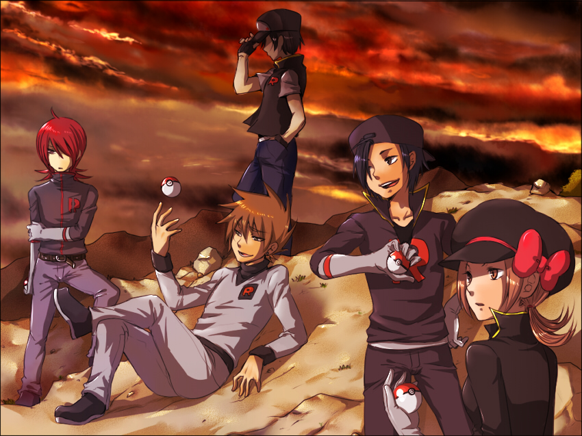 4boys alternate_costume belt black_hair brown_background brown_hair clothes_writing cloud cosplay dark_persona elbow_gloves expressionless flipped_hair gloves gold_(pokemon) gold_(pokemon)_(remake) hair_between_eyes hair_over_one_eye hand_on_hat hand_on_own_elbow holding holding_poke_ball kotone_(pokemon) looking_at_viewer lying multiple_boys ookido_green open_hand payot poke_ball pokemon pokemon_(game) pokemon_gsc pokemon_heartgold_and_soulsilver pokemon_hgss pokemon_rgby red_(pokemon) red_sky rock sakurai_(kage) serious silver_(pokemon) silver_(pokemon)_(remake) single_letter sky standing sunset team_rocket team_rocket_(cosplay)