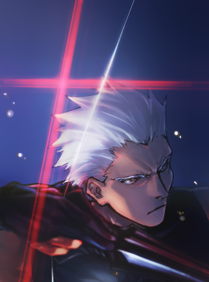 archer armor bow_(weapon) crimo dark_skin fate/stay_night fate_(series) male short_hair solo weapon white_hair
