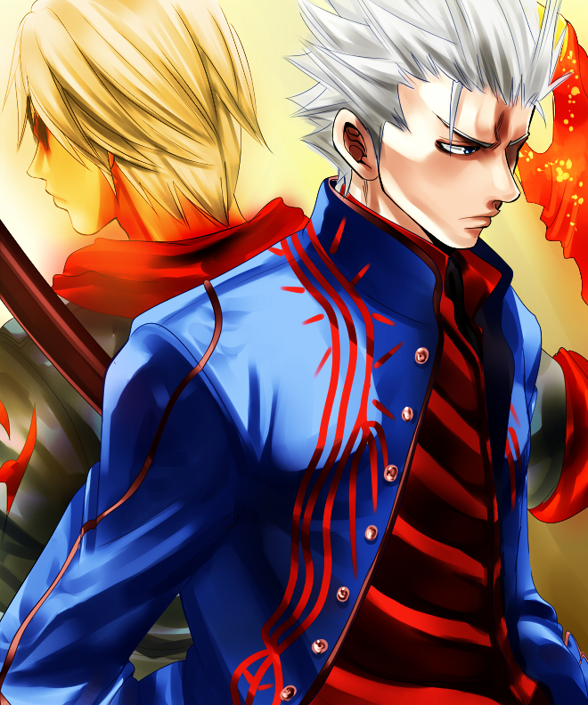 alternate_color back-to-back blue_eyes devil_bringer devil_may_cry devil_may_cry_3 devil_may_cry_4 male marvel_vs._capcom marvel_vs._capcom_3 multiple_boys nagare nero_(devil_may_cry) short_hair vergil white_hair