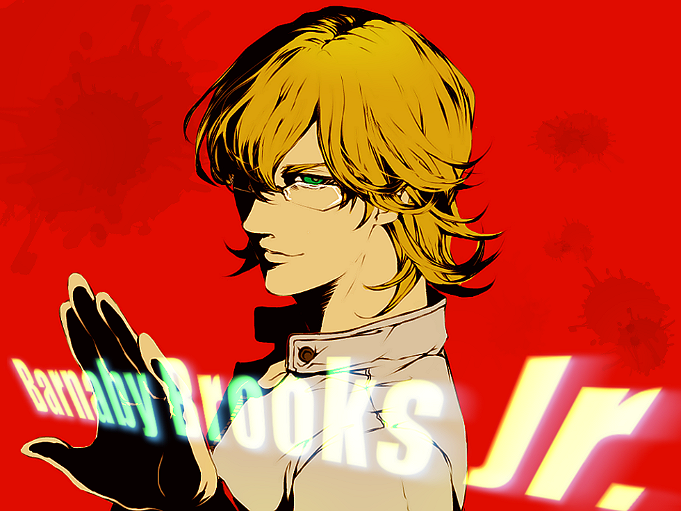 barnaby_brooks_jr blonde_hair glasses green_eyes high_contrast jacket male oui_lion red_jacket solo tiger_&amp;_bunny