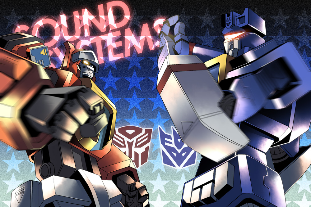 blaster clenched_hands decepticon fist glowing glowing_eyes mecha no_humans robot soundwave star transformers yfm_(mrk)