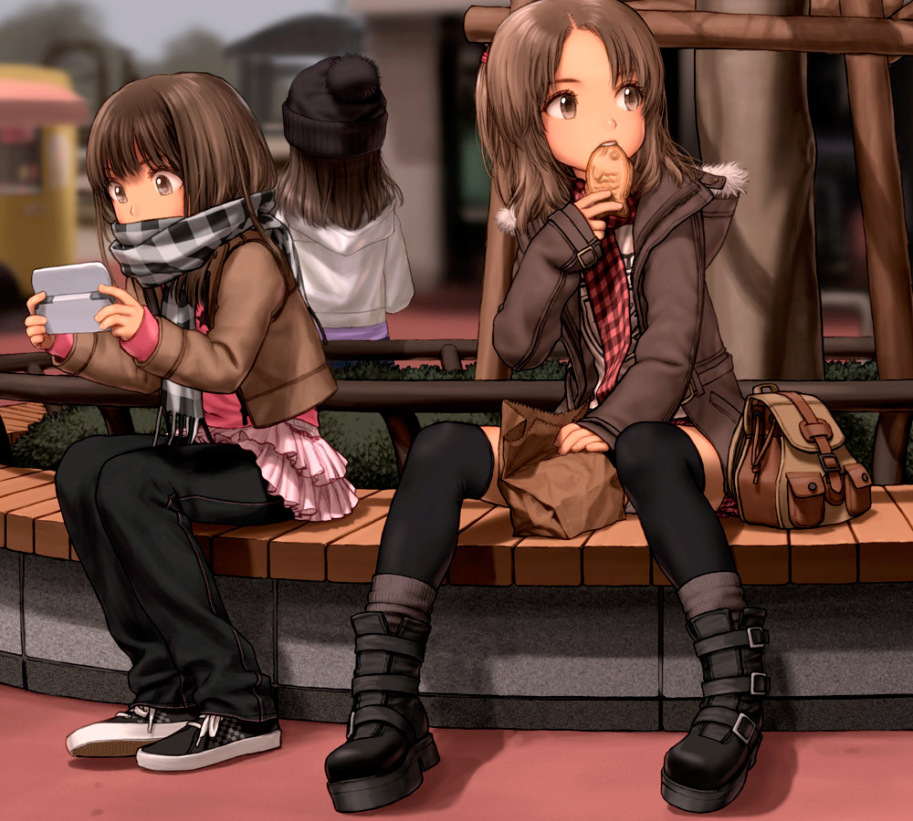 bag beanie black_legwear blurry boots brown_eyes brown_hair casual checkered depth_of_field eating food fur_trim handheld hat hooded_jacket jacket long_hair multiple_girls original panties pants pants_under_skirt paper_bag pleated_skirt rustle scarf shoes sitting skirt sleeves_past_wrists sneakers striped striped_scarf taiyaki thigh-highs thighhighs up_skirt wagashi