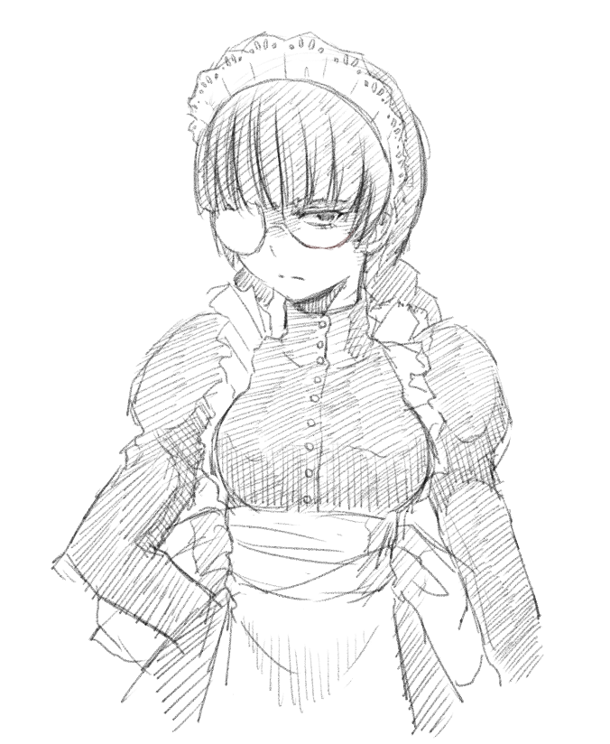 black_lagoon bust glasses maid maid_headdress monochrome opaque_glasses roberta sketch solo