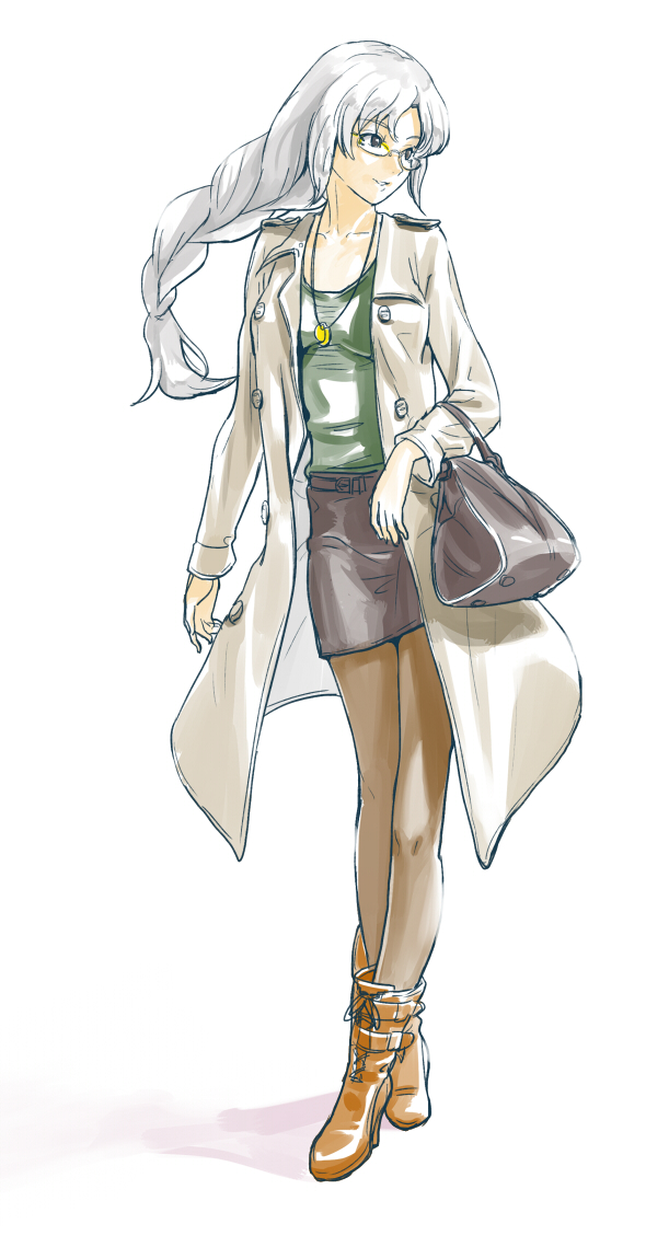 alternate_costume bag bespectacled black_eyes boots braid casual coat collarbone contemporary glasses grey_eyes grey_hair jewelry long_coat long_hair miniskirt necktie open_clothes open_coat pantyhose pendant purse shiba_itsuki silver_hair simple_background sketch skirt solo touhou yagokoro_eirin