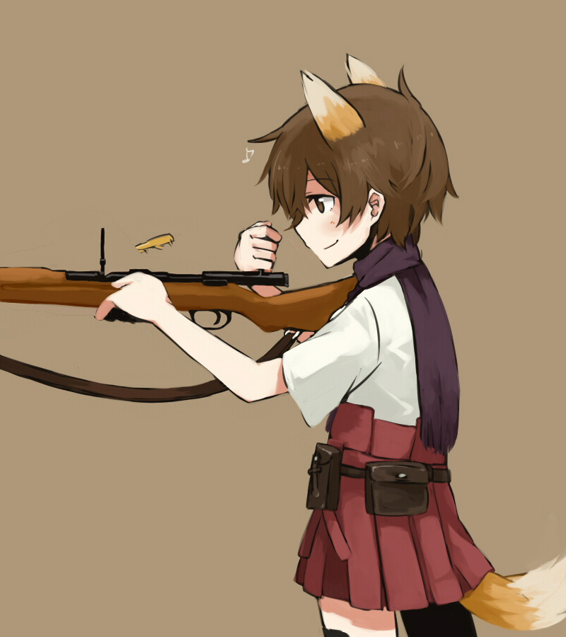 arisaka_type_99 blush bolt_action brown_eyes brown_hair casing_ejection chikiso gun japanese_clothes katou_keiko musical_note pouch reloading scarf shell_casing short_hair skirt smile solo strike_witches tail weapon