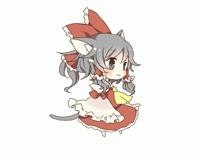 :3 animal_ears ascot bad_id blush bow cat_ears cat_tail chibi detached_sleeves grey_eyes hair_bow hair_tubes hakurei_reimu kemonomimi_mode pasutel shirt silver_hair skirt skirt_set solo tail touhou