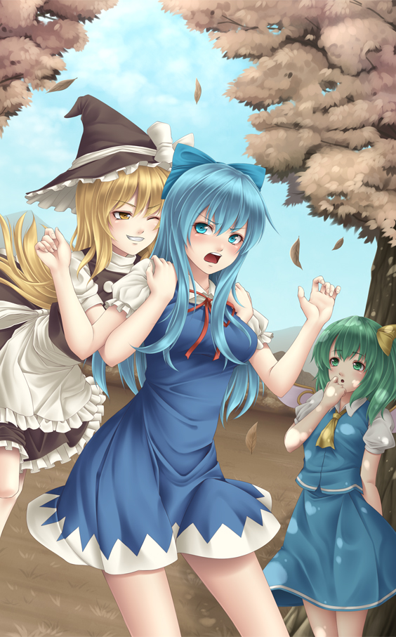 adult alternate_hair_length alternate_hairstyle apron ascot blonde_hair blue_dress blue_eyes blue_hair blue_sky blush bow cirno daiyousei dress full_nelson grabbing green_eyes green_hair grin hair_bow hair_ribbon hand_on_own_face hand_to_face hat haur_bow kirisame_marisa long_hair mochi.f multiple_girls open_mouth ribbon shirt side_ponytail skirt skirt_set sky smile touhou tree wings wink witch witch_hat yellow_eyes
