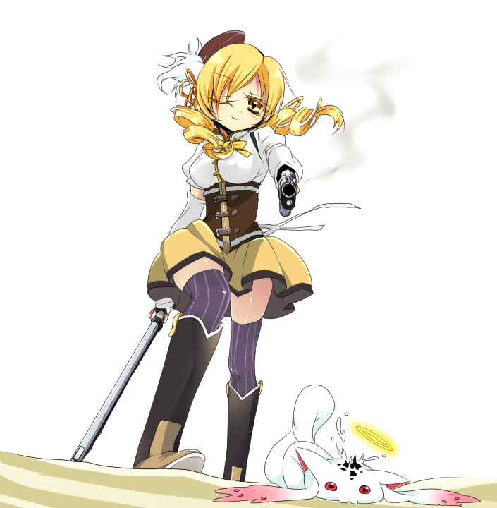 aiming_at_viewer beret blonde_hair blush body_blush boots breasts brown_legwear corset derivative_work detached_sleeves drill_hair dual_wielding from_below gun hair_ornament halo hat kyubey large_breasts looking_at_viewer magical_girl magical_musket mahou_shoujo_madoka_magica pleated_skirt pov_aiming red_eyes rifle simple_background skirt smile smoke taut_shirt temho20 thigh-highs thighhighs tomoe_mami twin_drills vertical-striped_legwear vertical_stripes weapon white_background wink yellow_eyes zettai_ryouiki