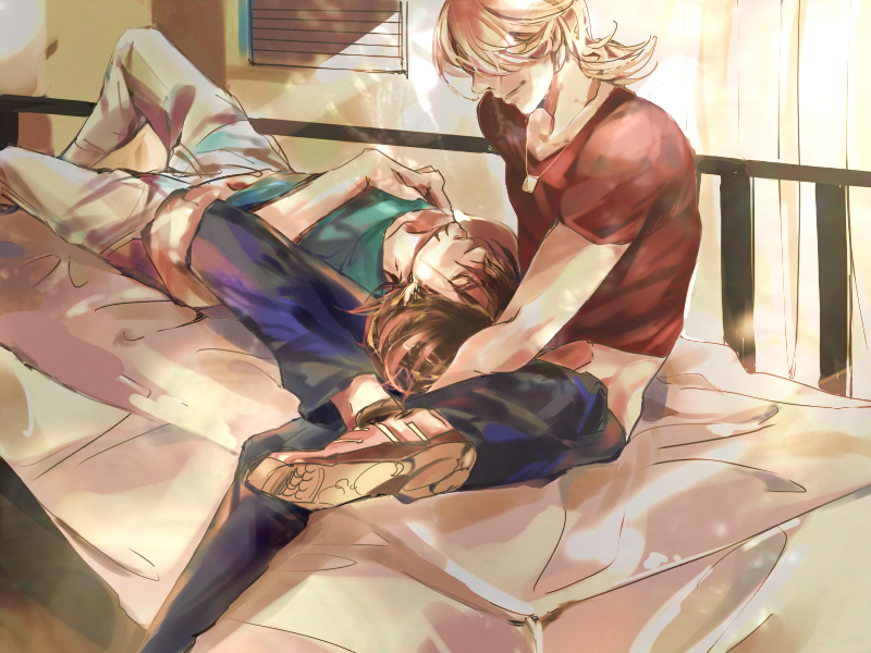 bad_id barnaby_brooks_jr blonde_hair brown_hair crossed_legs emupi facial_hair jewelry kaburagi_t_kotetsu lap_pillow legs_crossed male multiple_boys necklace short_hair sitting sleeping stubble t-shirt tiger_&amp;_bunny