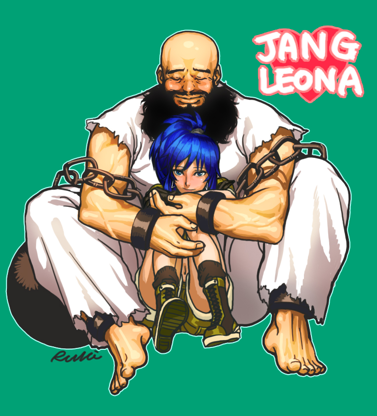 1girl barefoot beard blue_eyes blue_hair blush boots chain chang chang_koehan couple engrish facial_hair height_difference hug hug_from_behind king_of_fighters leona_heidern muscle navel ponytail ranguage rukiana sitting sitting_on_lap sitting_on_person size_difference snk