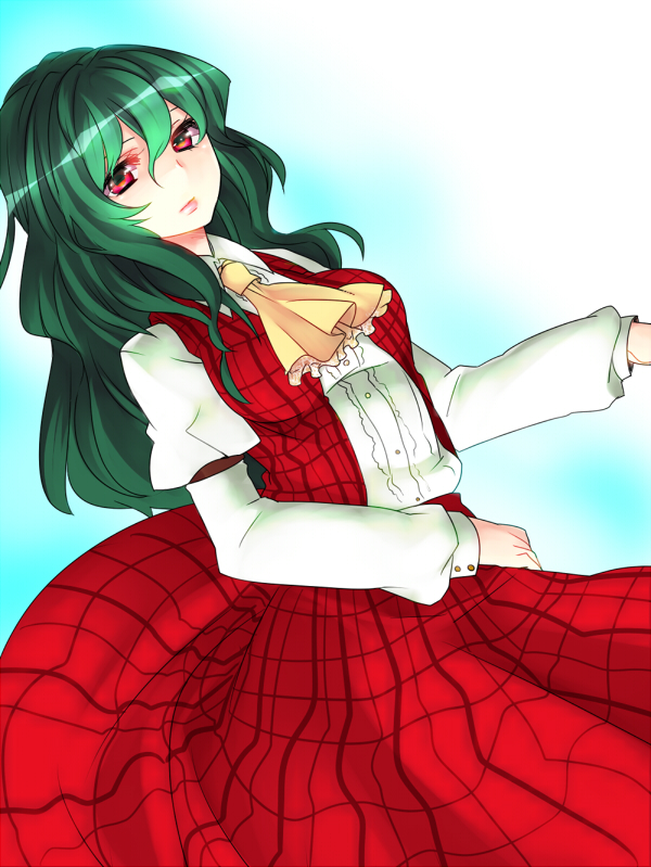 alternate_hair_length alternate_hairstyle ascot bad_id blush breasts dutch_angle green_hair kazami_yuuka kazami_yuuka_(pc-98) long_hair looking_at_viewer plaid plaid_skirt plaid_vest red_eyes skirt skirt_set solo touhou touhou_(pc-98) vest youkai yutazou