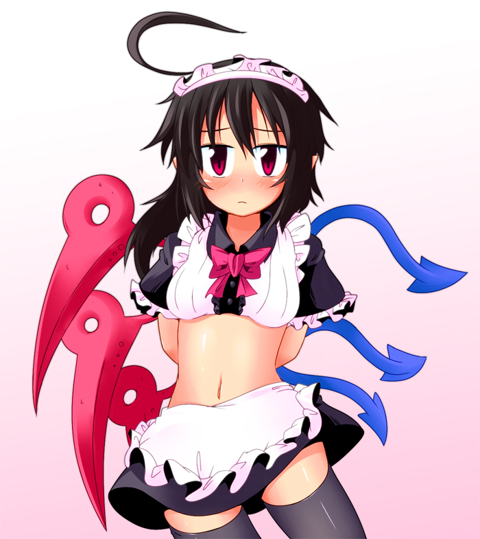 ahoge alternate_costume apron arms_behind_back asymmetrical_wings black_hair black_legwear blush bondage enmaided houjuu_nue ichimi maid maid_headdress midriff miniskirt navel red_eyes shirt skirt solo thigh-highs thighhighs tied_up touhou wings zettai_ryouiki