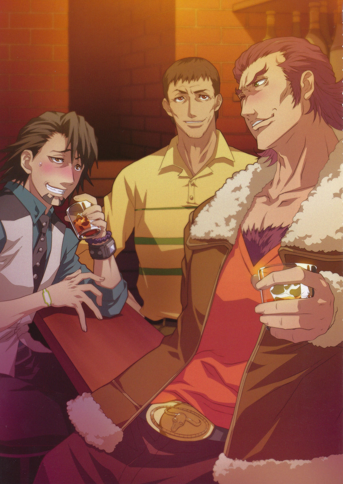 alcohol antonio_lopez belt bracelet brothers brown_eyes brown_hair chest_hair dark_skin drunk facial_hair green_eyes highres jewelry kaburagi_muramasa kaburagi_t_kotetsu male multiple_boys necktie short_hair siblings stubble t-shirt tiger_&amp;_bunny v-neck vest waistcoat watch wristwatch yokota_mamoru