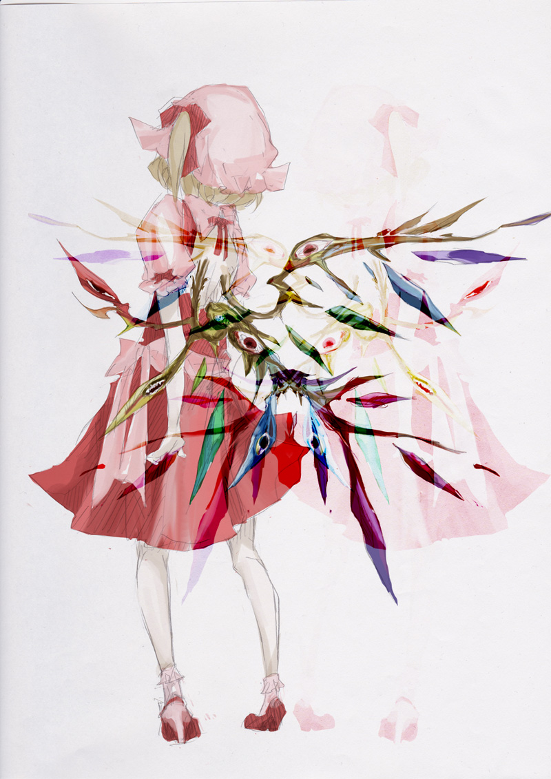alternate_wings dress flandre_scarlet from_behind graphite_(medium) hat red_dress short_hair side_ponytail solo the_embodiment_of_scarlet_devil touhou traditional_media ue_toono_(atano) wings