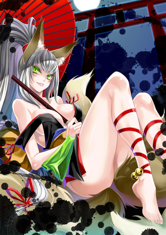 bare_shoulders barefoot bell between_breasts breasts colored_eyelashes facial_mark feet fox_ears fox_tail full_moon green_eyes grey_hair hair_ribbon high_ponytail leg_ribbon lips long_hair long_ponytail moon multiple_tails no_panties off_shoulder oriental_umbrella original ponytail ribbon shidatsu_takayuki slit_pupils solo tail tattoo torii umbrella very_long_hair