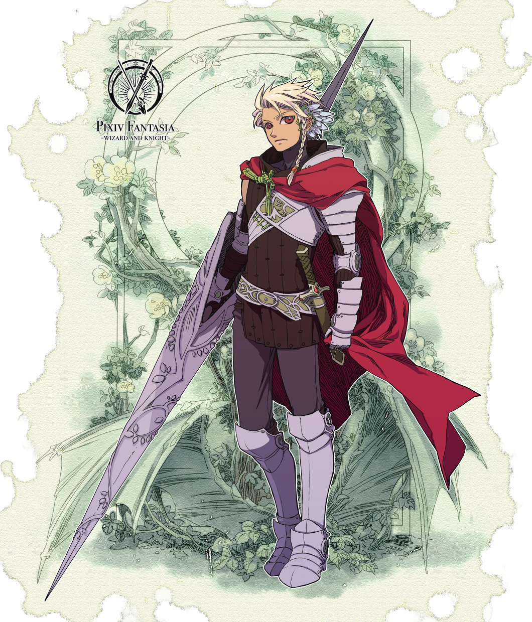 armor braid cape flower gauntlets greaves highres knight lance lizzydom male pixiv_fantasia pixiv_fantasia_wizard_and_knight polearm red_eyes solo weapon white_hair