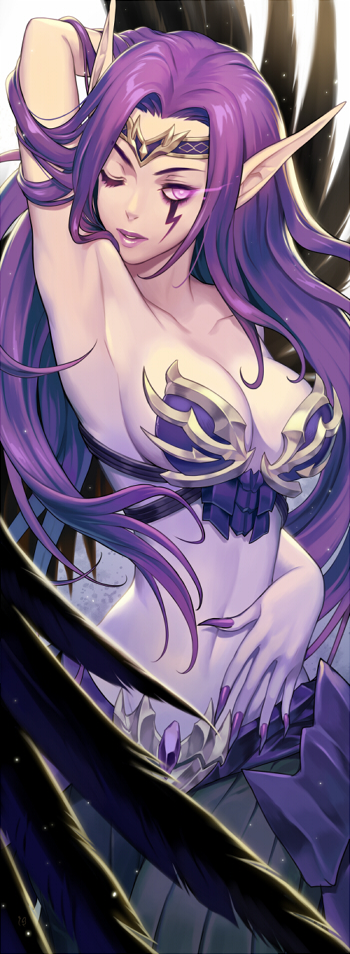1000marie 1girl arm_behind_head armor armpits breasts cleavage facial_mark glowing glowing_eye league_of_legends long_hair long_nails morgana navel one_eye_closed pointy_ears purple_hair solo violet_eyes wings