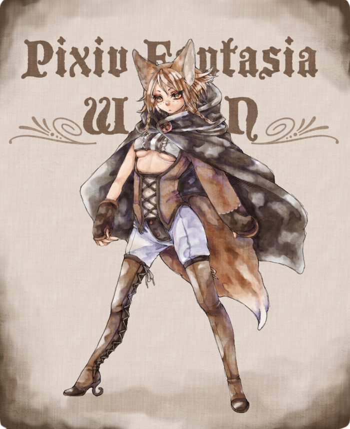 asymmetrical_clothes asymmetrical_clothing boots braid breasts brown_eyes brown_hair cloak fingerless_gloves gloves high_heels ofuji_(m_w) pixiv_fantasia pixiv_fantasia_wizard_and_knight shoes short_hair solo standing thigh-highs thigh_boots thighhighs twin_braids under_boob underboob