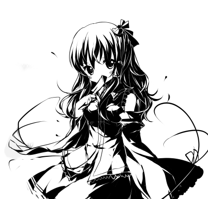 bad_id blush breasts covering_mouth detached_sleeves frog gohei hair_ornament hair_tubes high_contrast kochiya_sanae long_hair looking_at_viewer lowres monochrome pf short_hair skirt smile snake solo touhou