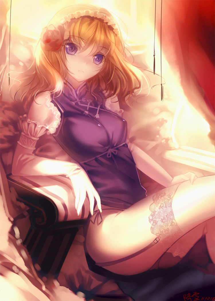 alice_margatroid alternate_costume arm_rest blonde_hair brown_hair chair elbow_gloves face flower garter_straps gloves hair_flower hair_ornament kousetsu_(jiangxue) lace lace-trimmed_thighhighs panties purple_eyes short_hair side-tie_panties signature sitting solo thigh-highs thighhighs touhou underwear violet_eyes white_gloves white_legwear