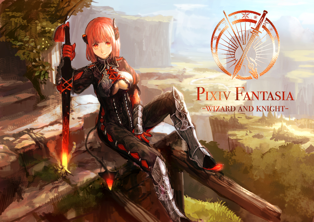 breasts chibi_(shimon) cleavage cleavage_cutout demon_girl demon_horns demon_tail gloves looking_at_viewer orange_eyes pink_hair pixiv_fantasia pixiv_fantasia_wizard_and_knight scenery siting sitting sword tail under_boob underboob vambraces weapon