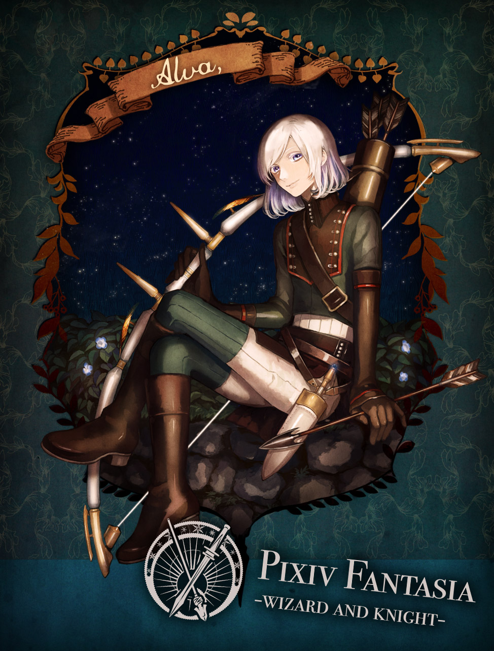 arrow blue_eyes boots bow_(weapon) colored_eyelashes crossed_legs gloves highres knife legs_crossed male pixiv_fantasia pixiv_fantasia_wizard_and_knight quiver scabbard sheath sitting smile solo tndkworks weapon white_hair