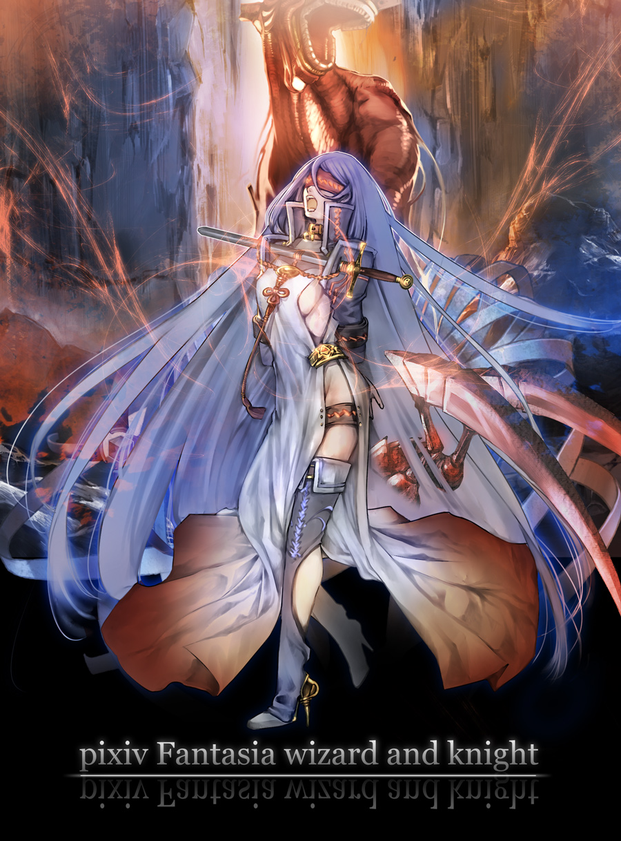 bdsm blindfold blue_hair bondage boots bound_arms breasts collar high_heels highres long_hair open_mouth pixiv_fantasia pixiv_fantasia_wizard_and_knight shoes side_slit sideboob solo standing sword takayama_dan thigh-highs thigh_boots thigh_strap thighhighs very_long_hair weapon