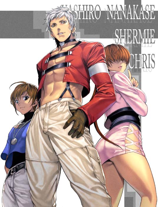 2boys abs ass brown_hair character_name chris hair_over_eyes homare_(fool's_art) homare_(fool's_art) king_of_fighters legs microskirt multiple_boys nanakase_yashiro ponytail shermie side_slit snk suspenders thighs white_hair