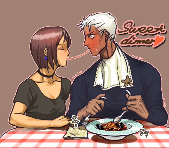 blush brown_hair choker closed_eyes collarbone dark_skin eating eyes_closed fork holding holding_fork holding_spoon king_of_fighters krizalid napkin profile rukiana short_hair silver_hair snk spoon sweat whip whip_(kof)