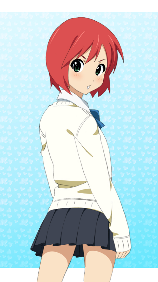 fukuoka_katsumi green_eyes ichigo_(fukuoka_katsumi) looking_back original red_hair redhead school_uniform short_hair solo sweater