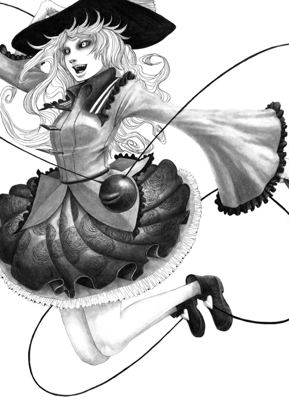 azelye bare_legs black_sclera frilled_skirt frills hand_on_hat hane_(azelye) hat holding holding_hat jumping komeiji_koishi long_hair long_sleeves monochrome open_mouth simple_background skirt sleeves_past_wrists solo third_eye touhou wide_sleeves