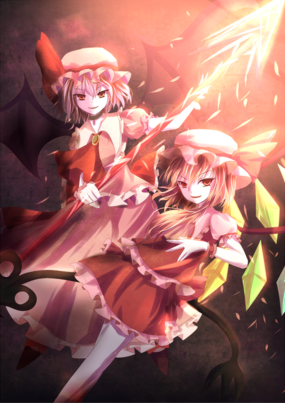 ascot blonde_hair brooch choker flandre_scarlet hat jewelry laevatein lavender_hair long_hair looking_at_viewer multiple_girls non_(nobu) red_eyes remilia_scarlet siblings sisters spear_the_gungnir touhou wings wrist_cuffs