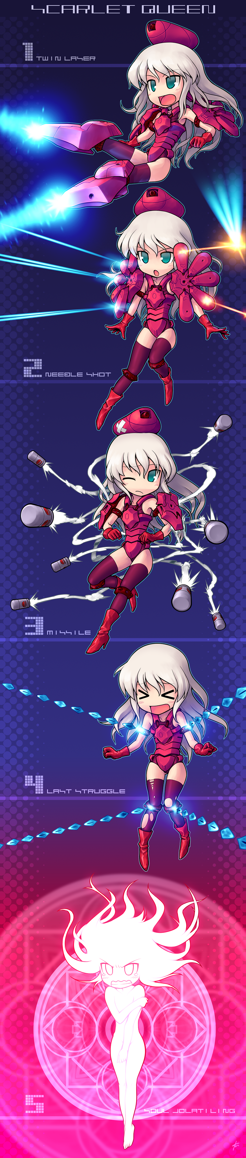 absurdres angry annoyed blue_eyes boots covering covering_breasts covering_crotch ebizome gloves glowing grey_hair hellsinker high_heels highres laser long_hair magic_circle mecha_musume missile personification red_legwear scarlet_queen shoes spirit_kernel tears thighhighs torn_thighhighs wince