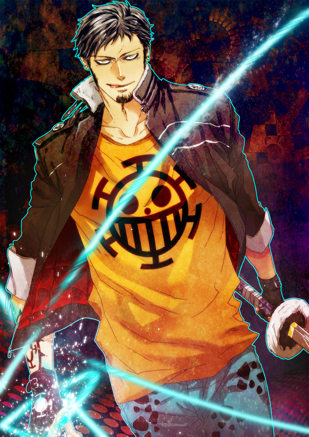 1boy black_hair earrings facial_hair fingerless_gloves fur_trim gloves goatee highres jeans jewelry jolly_roger looking_at_viewer male one_piece orange_shirt pirate sassaman short_hair smiley solo sword tattoo tongue trafalgar_law walking weapon yellow_eyes